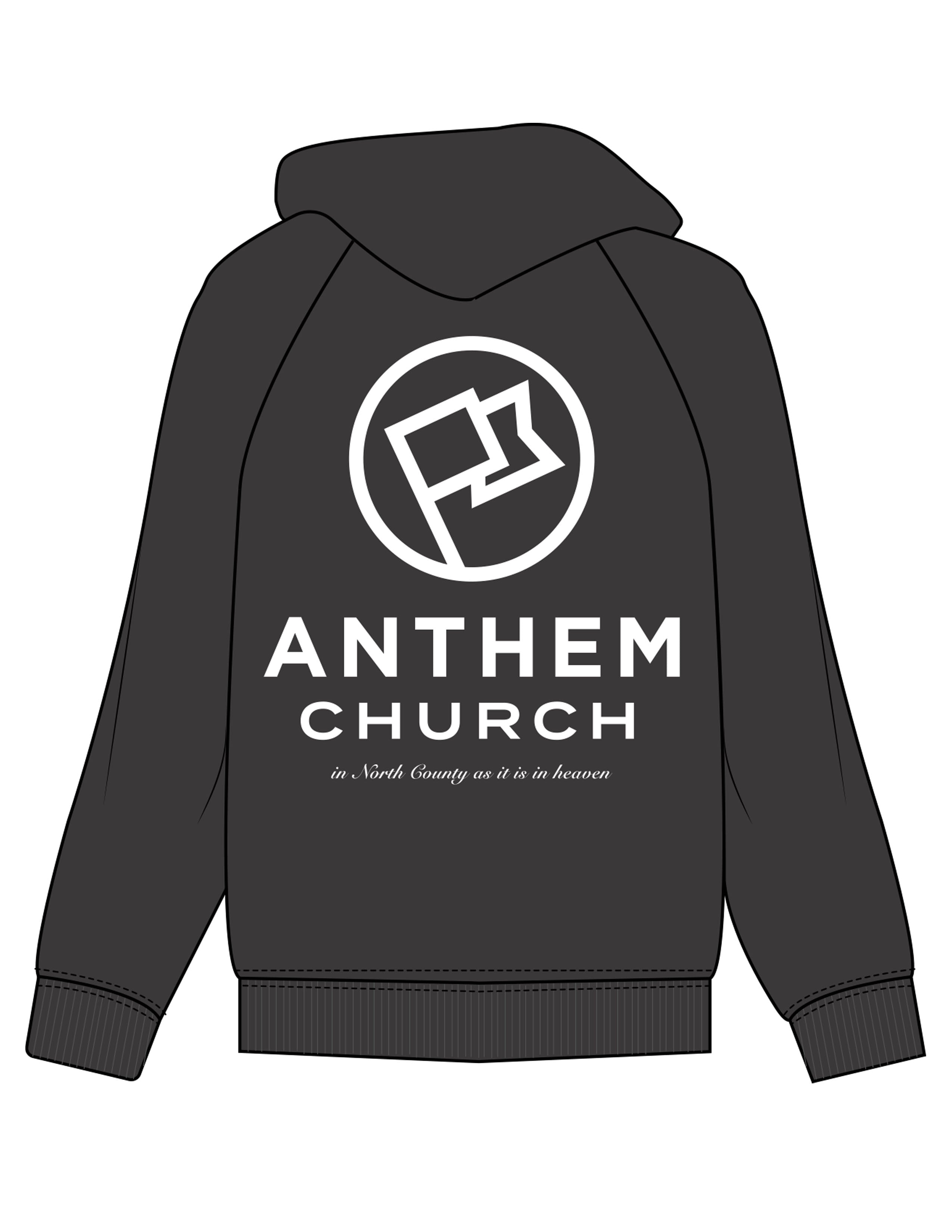 The Womens Zip Hoodie - Washed Black - Anthem Church - Left Chest Round & Back Stacked - Printed - White