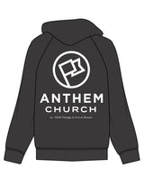 The Womens Zip Hoodie - Washed Black - Anthem Church - Left Chest Round & Back Stacked - Printed - White