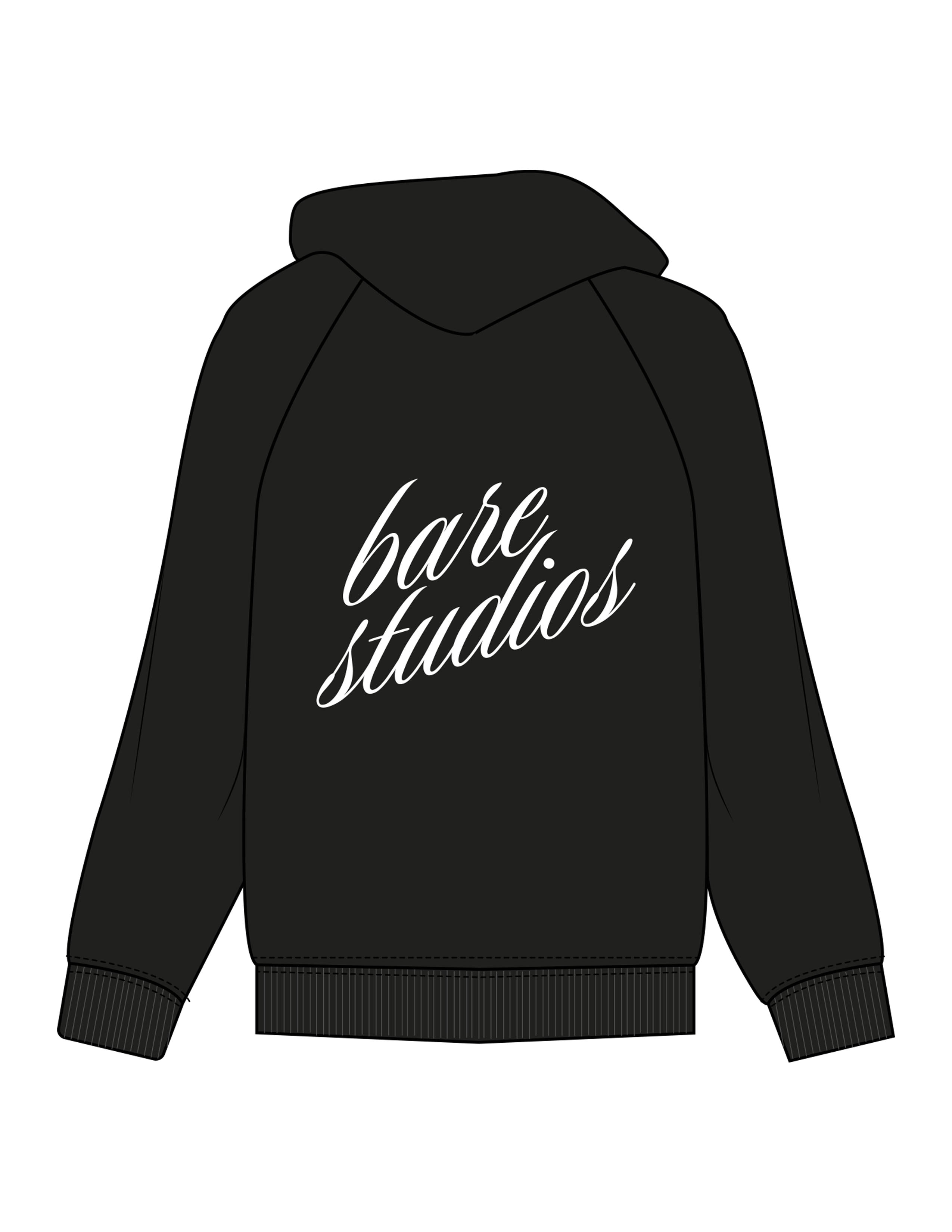The Womens Hoodie - Black - Bare Pilates - Center Chest Stacked & Back Script - Printed - White