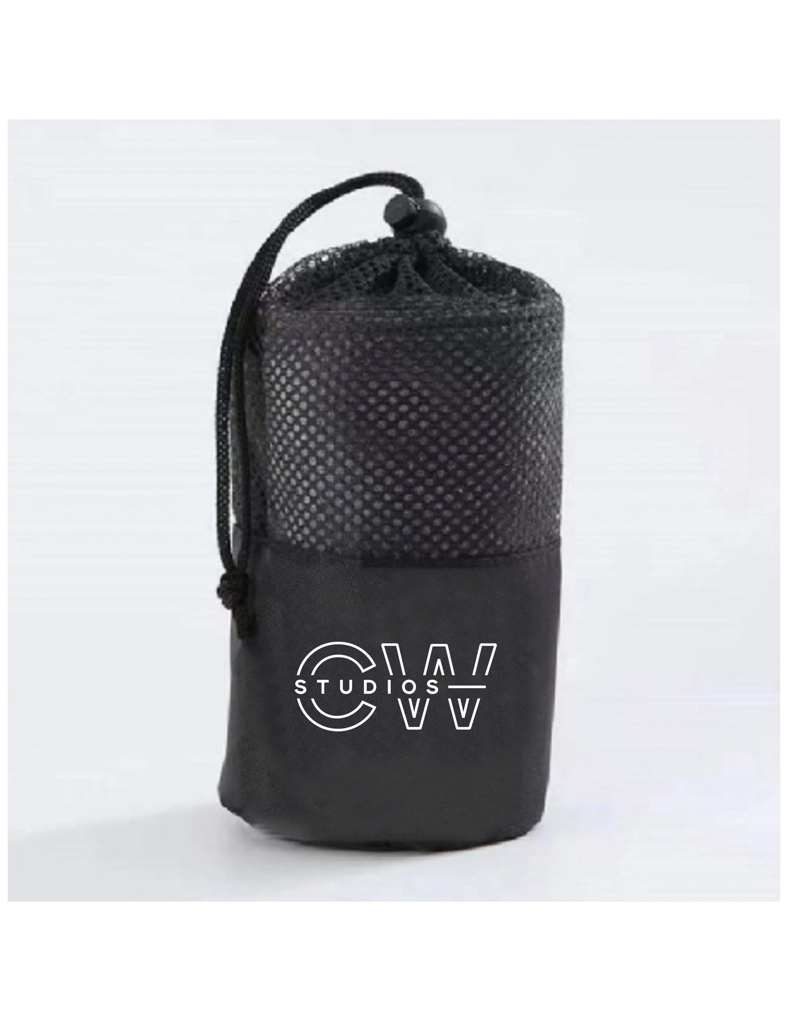 The Gym Towel - Black - C Wickson - Top Left - Embroidered - White - The Gym Towel Bag - Black - Center Body - Printed - White