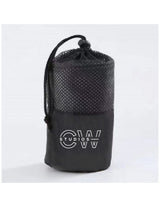 The Gym Towel - Black - C Wickson - Top Left - Embroidered - White - The Gym Towel Bag - Black - Center Body - Printed - White