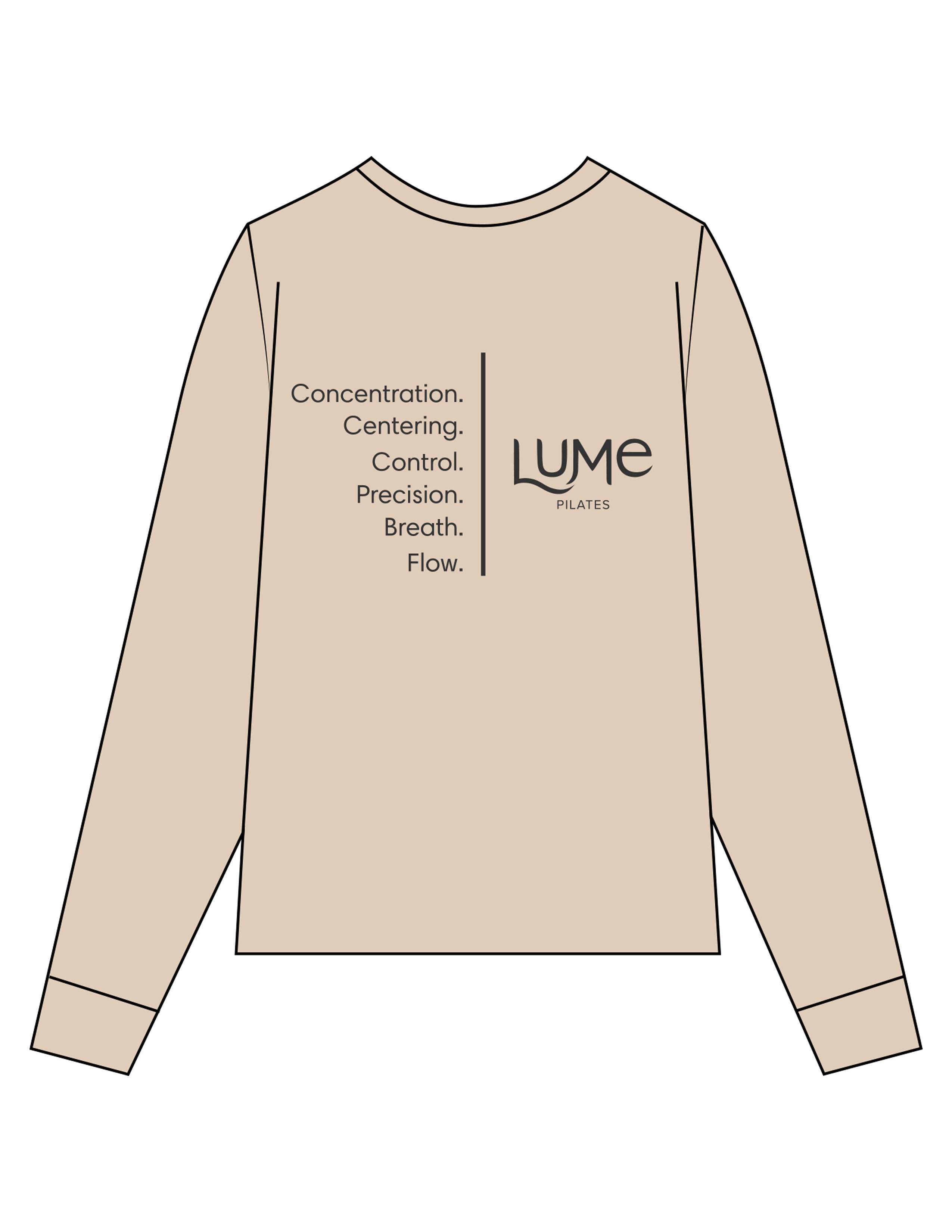 The Mens Heavyweight Long Sleeve - Washed Khaki - Lume Pilates - Left Chest Oval & Back Stacked - Printed - Charcoal