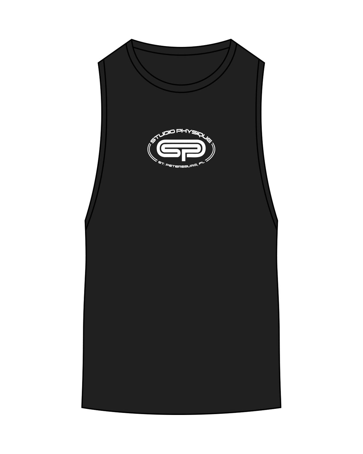 The Scoop Muscle Tank - Black - Studio Physique - Center Chest - Printed - White