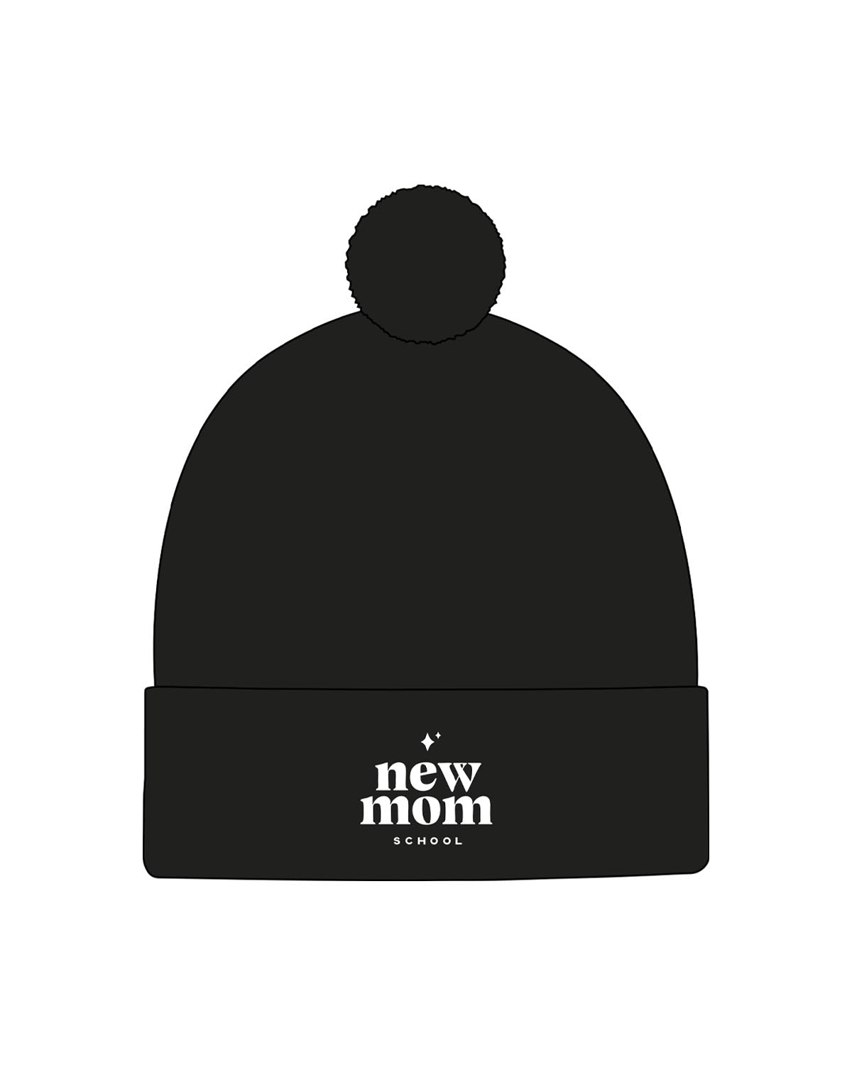 The Pom Pom Beanie - Black - New Mom School - Center Brim Stacked Logo -Embroidered - White