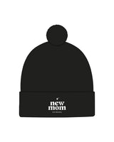 The Pom Pom Beanie - Black - New Mom School - Center Brim Stacked Logo -Embroidered - White