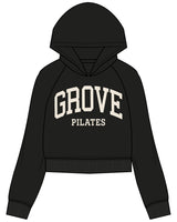 The Womens Crop Hoodie - Black - Grove Pilates - Center Chest Stacked - Cream