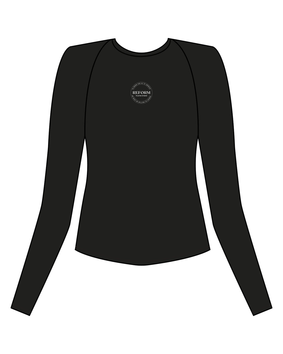 The Womens Sporty Long Sleeve - Black - REFORM Pilates Studio - Center Chest - Printed - White