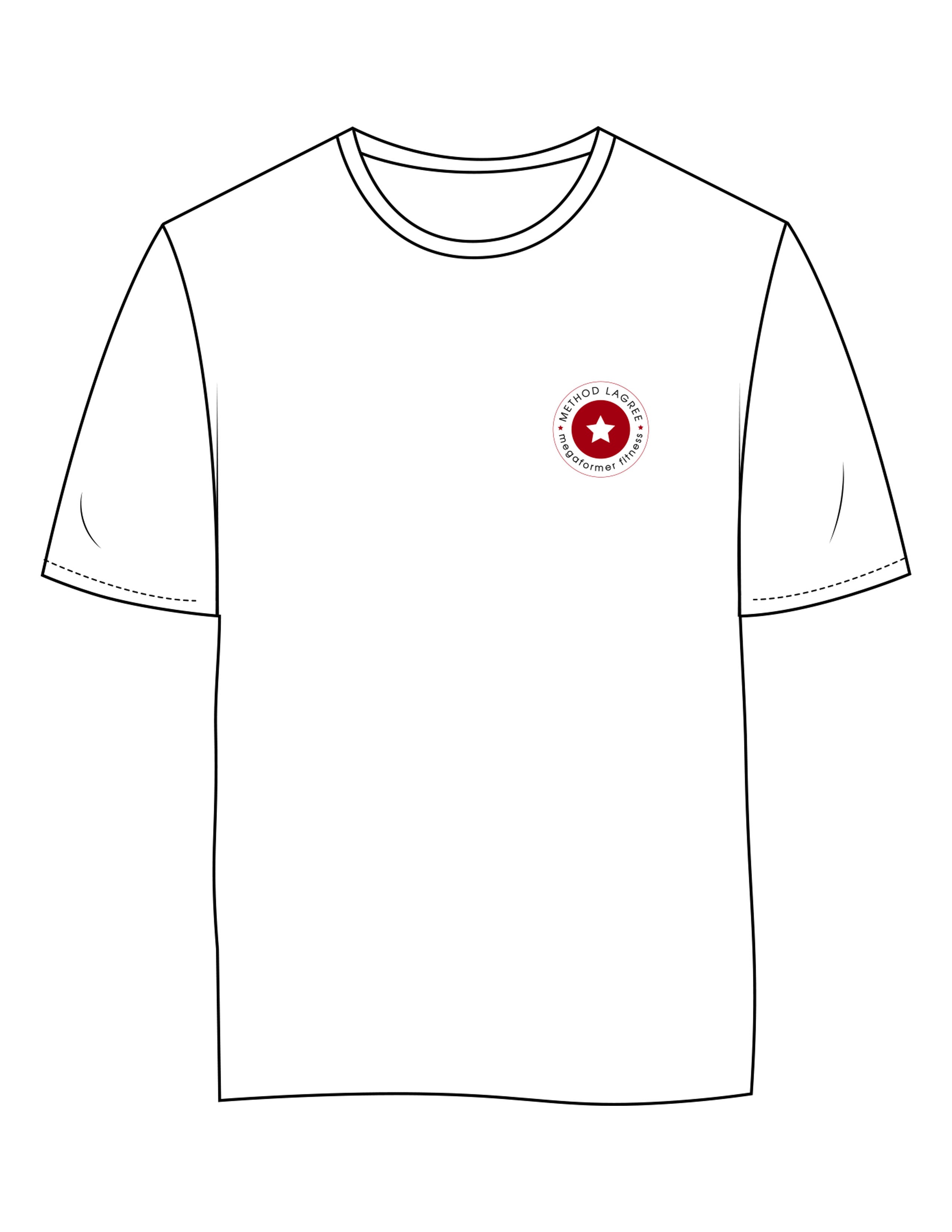 The Womens 7/8th Tee - White - Method Lagree - Left Chest Round - NO BG - & Center Back - Printed - Full Color