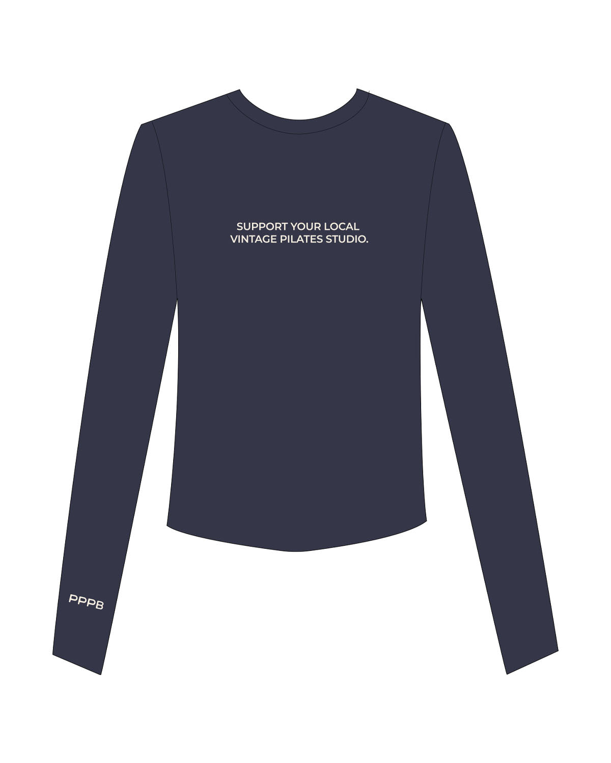 The Micro Rib Crop Long Sleeve - Navy - Pilates Plus PB - Center Chest Stacked & Right Wrist - Printed - Butter
