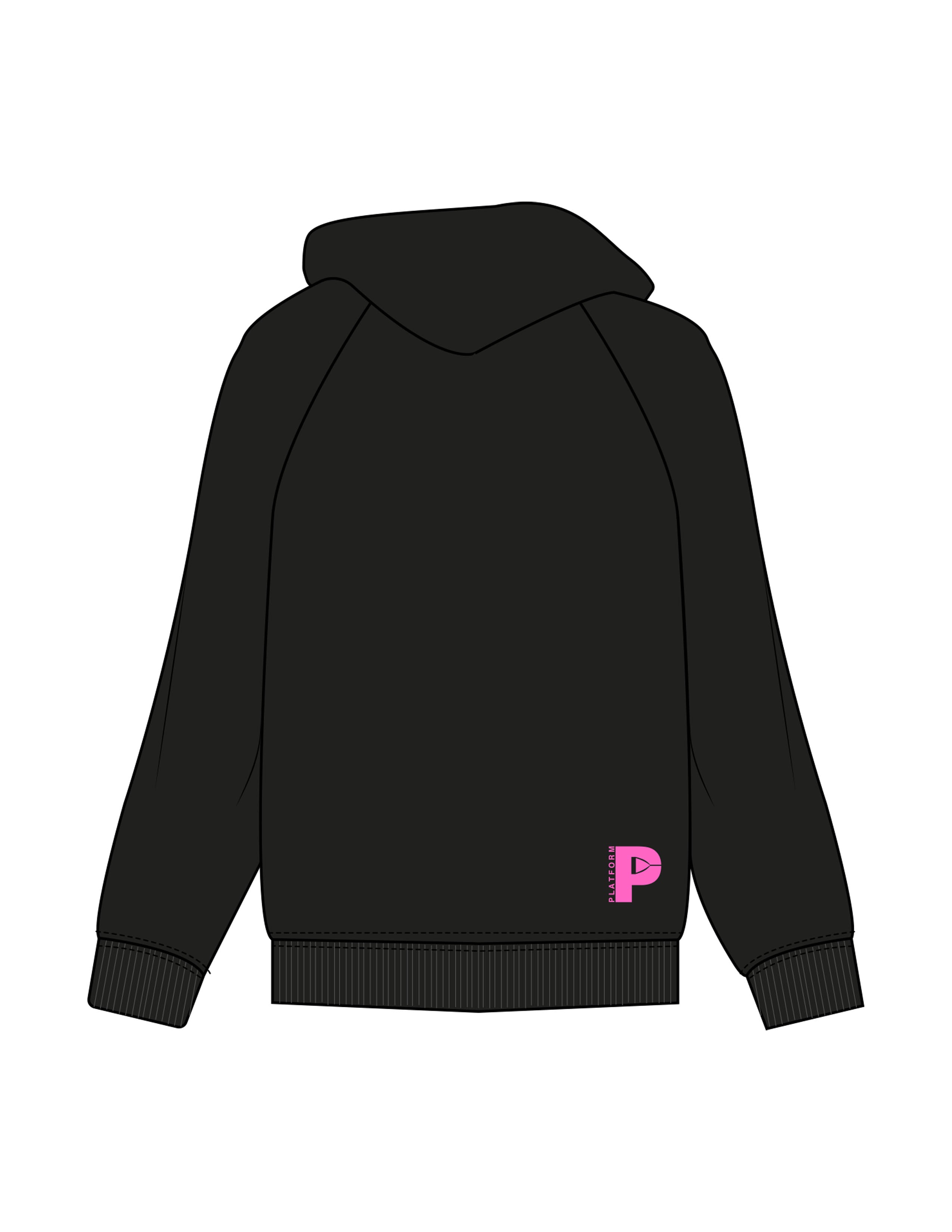 The Womens Heavyweight Hoodie - Black - Platform - Left Chest Stacked & Back Bottom Right - Printed - Full Color