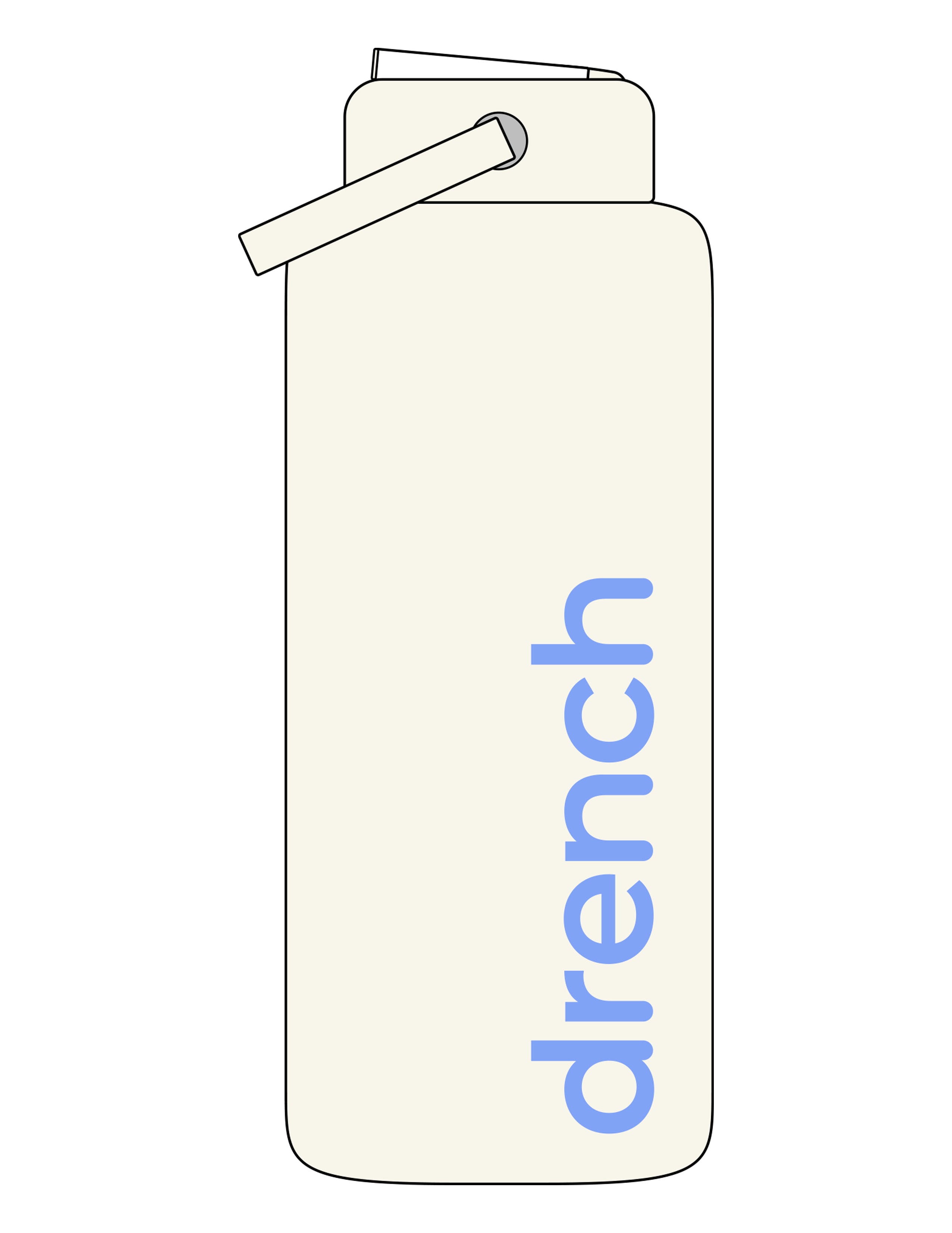 The Wide Mouth Water Bottle - Off White - Drench - Vertical "DRENCH"  - Printed - Periwinkle