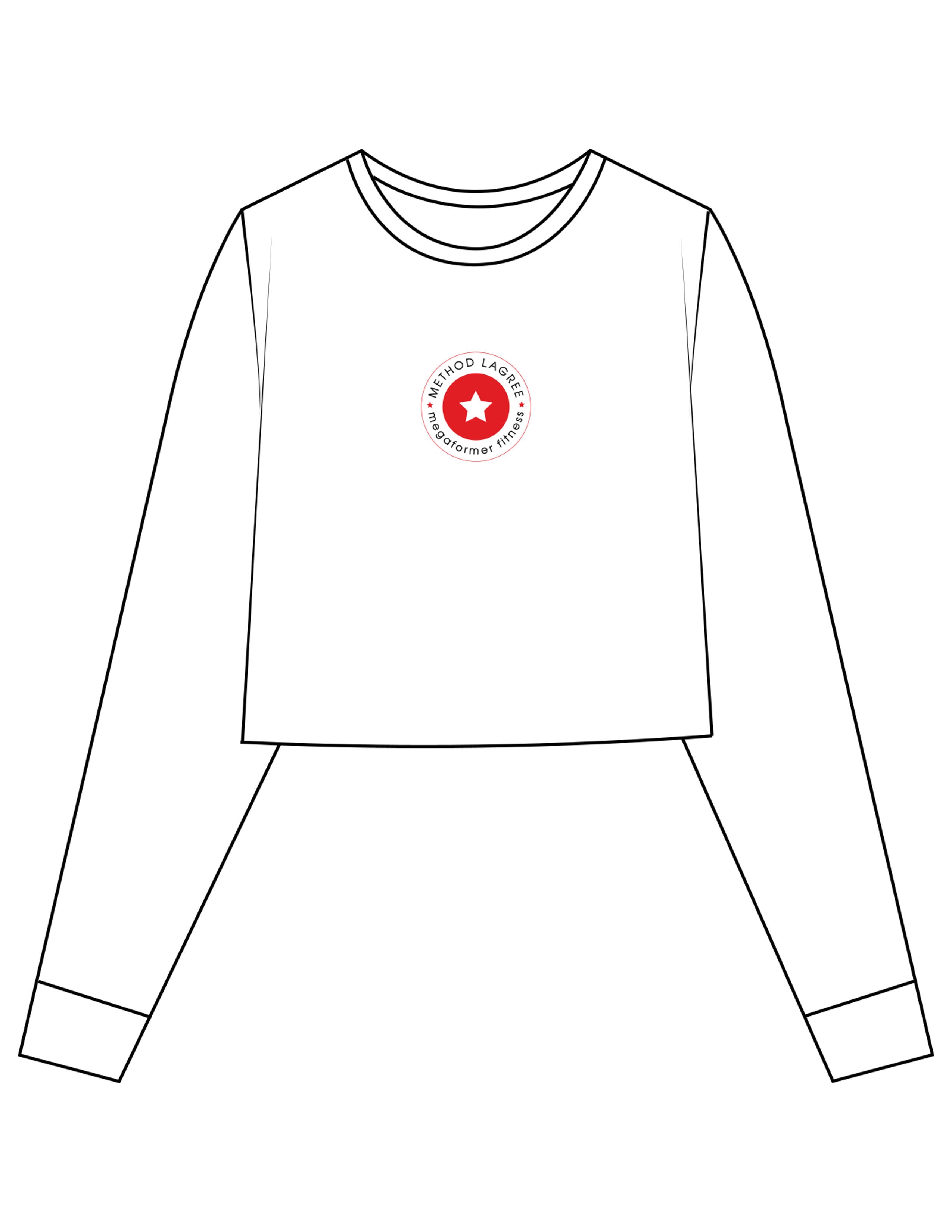 The Crop Long Sleeve - White - Method Lagree - Center Chest Round - No BG - Center Back - Printed - Full Color