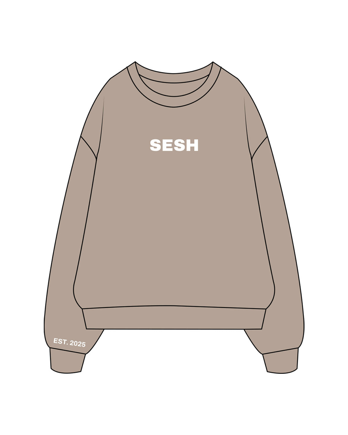 The Midweight Unisex Crewneck - Washed Cement - Sesh Studio - Center Chest, Right Sleeve & Center Back Logo - Printed - White