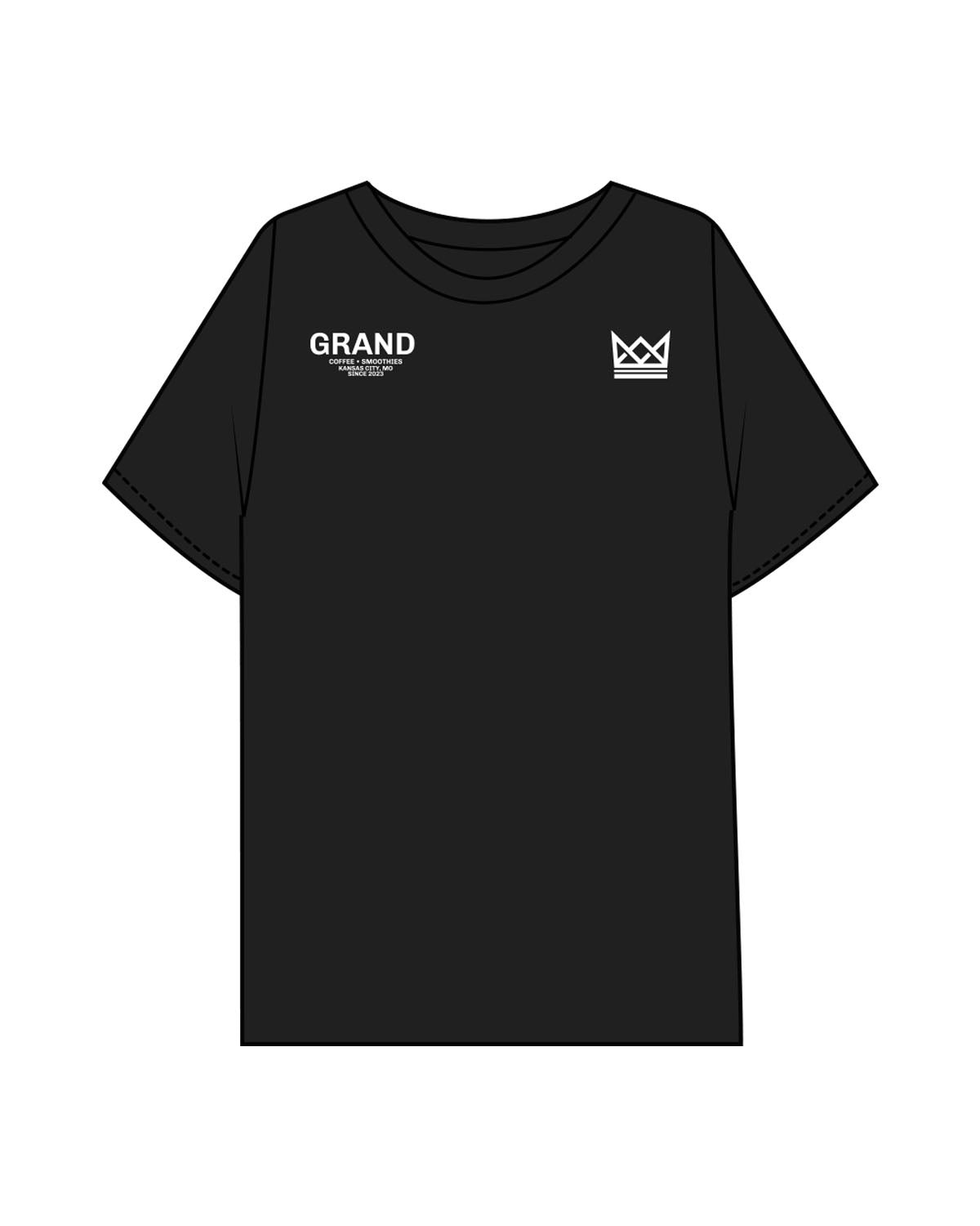 The Mens Boxy Tee - Black - Grand Co - Left & Right Upper Chest - Back Stacked - Printed - White