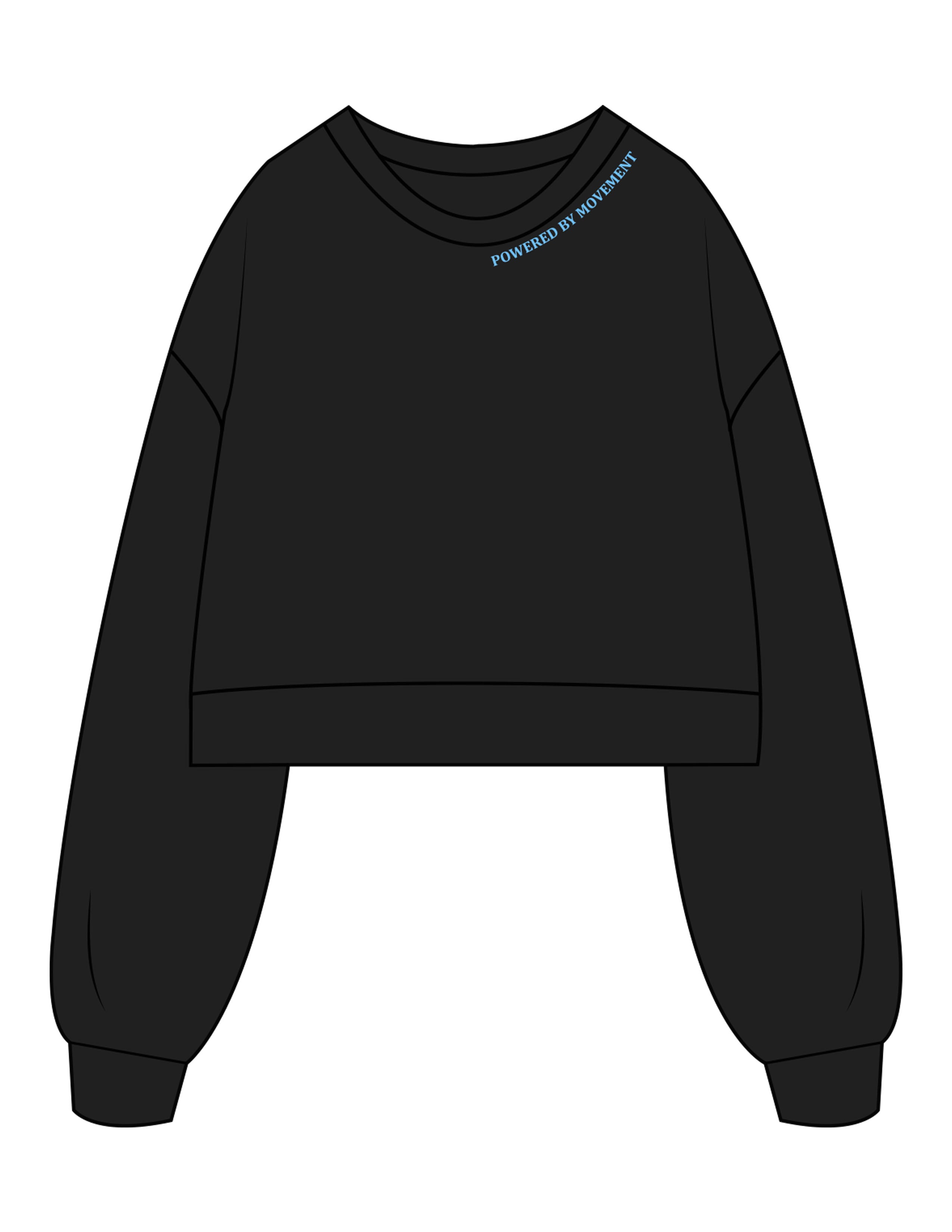 The Womens Crop Crewneck - Black - Powerhouse Fitness- Front Neckline & Back Neckline - Printed - Teal