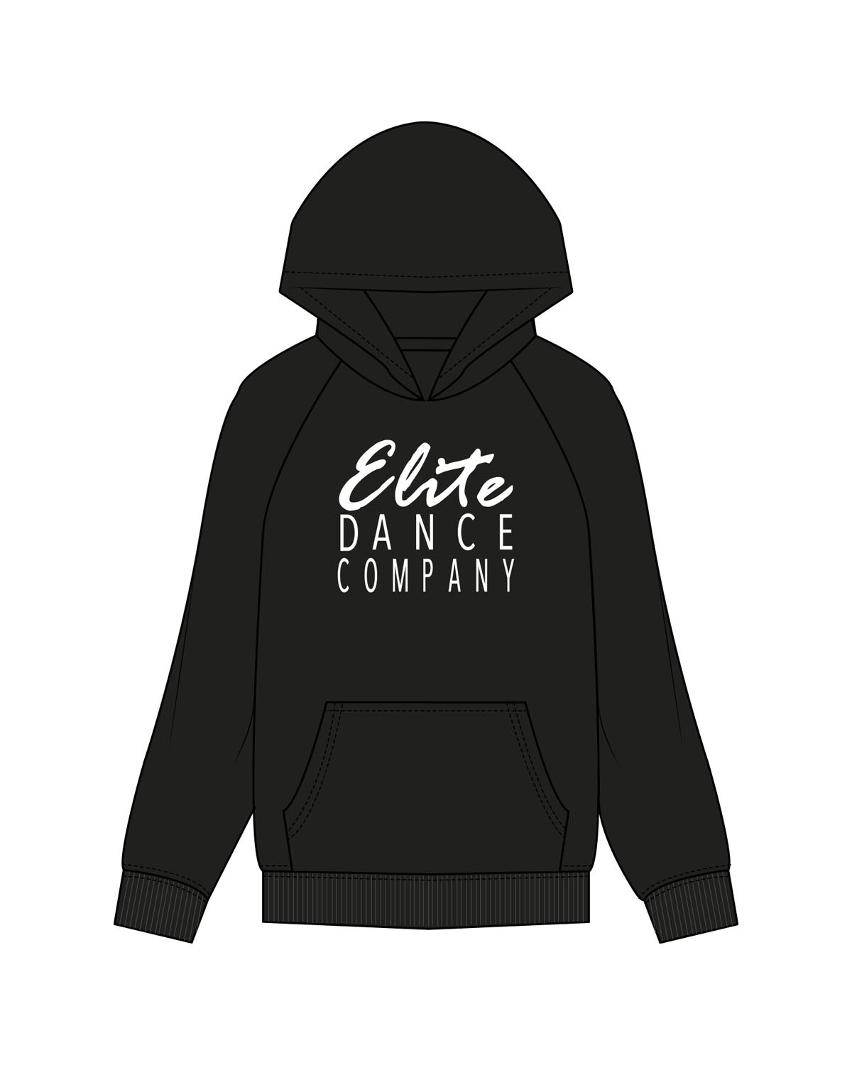 The Womens Hoodie - Black - Elite Dance Academy - Center Chest Stacked - Printed - White