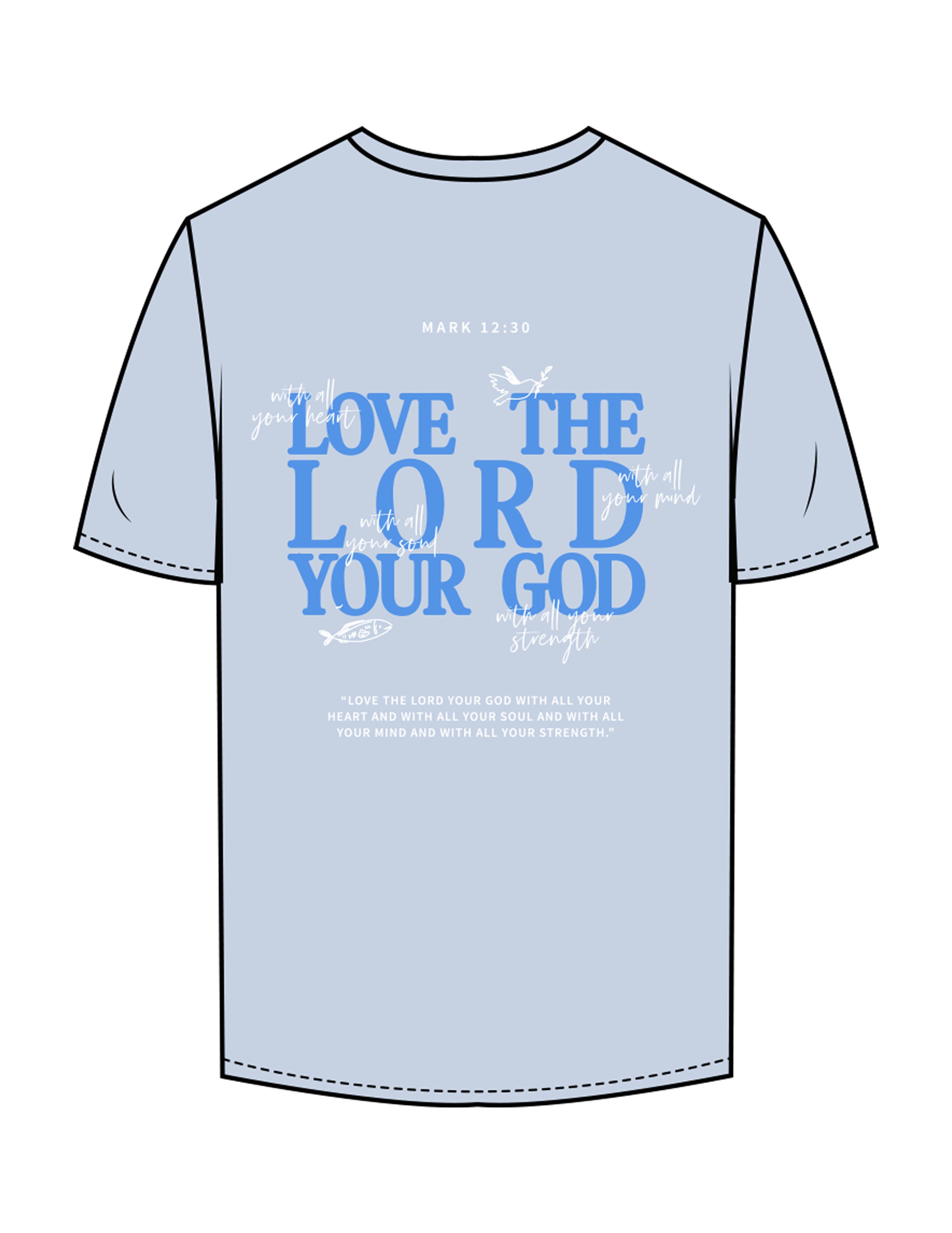 The Mens Tee - Powder - Plum Creek Church - Center Chest Stacked & Back Stacked - Printed - Full Color