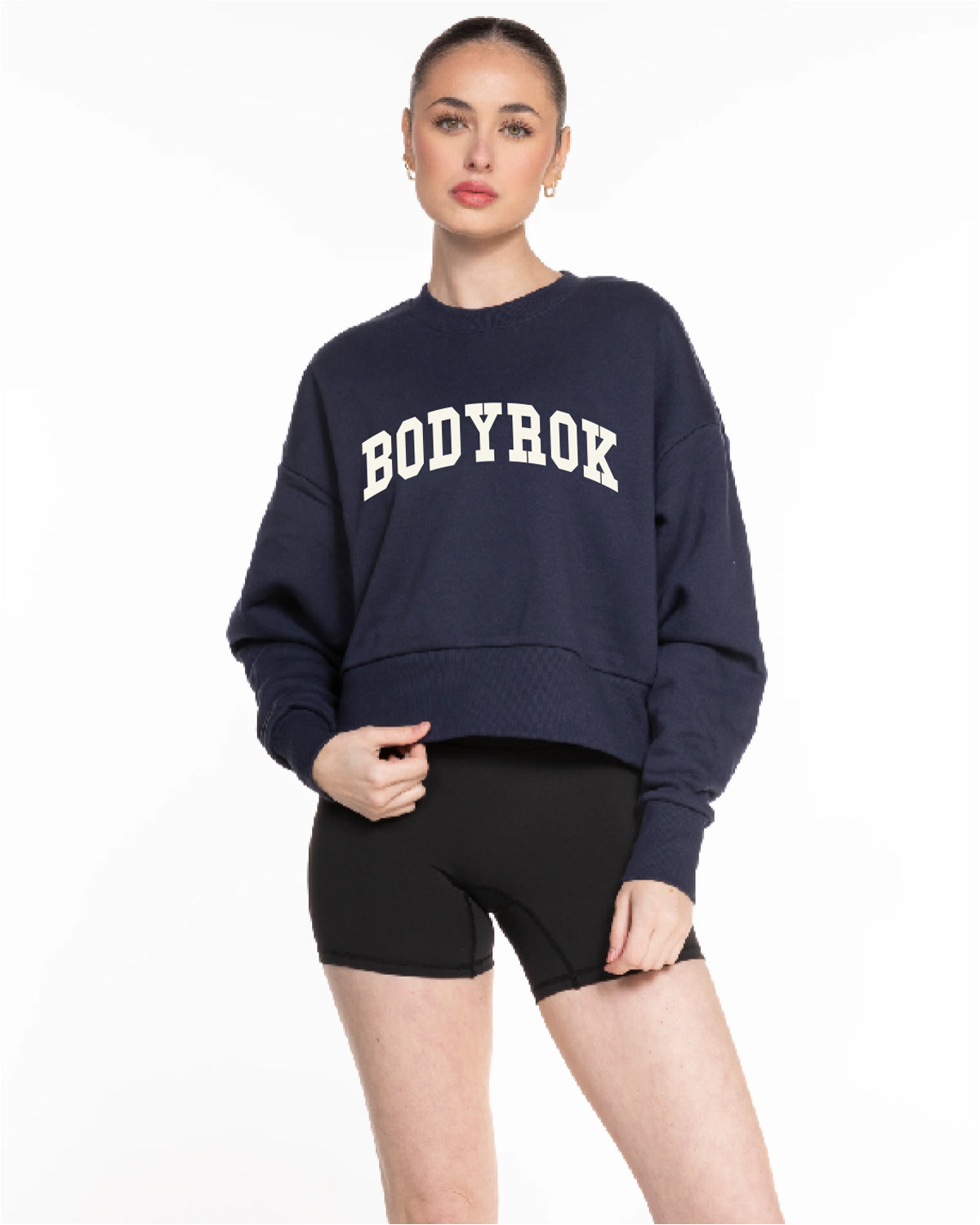 The Womens Heavyweight Crop - Navy - BODYROK Employee - Center Chest - Cream