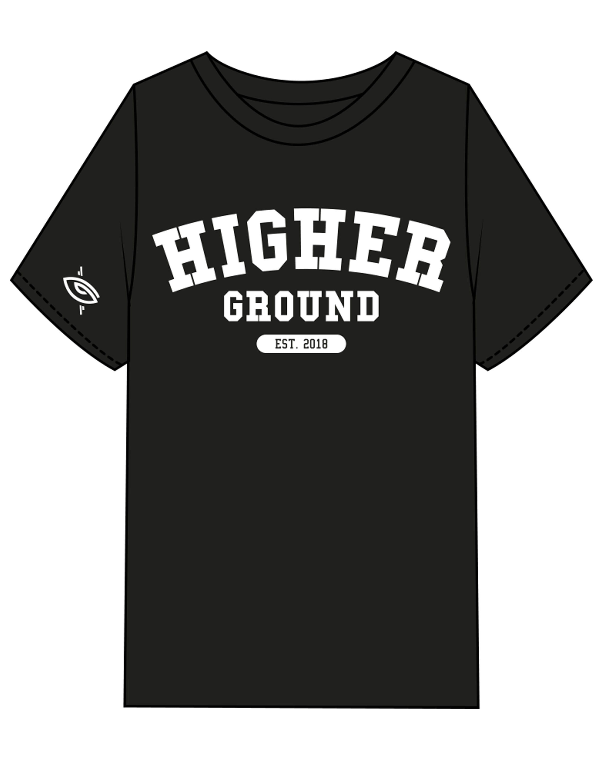 The Womens Heavyweight Tee - Black - Higher Ground - Center Chest Stacked & Right Sleeve - Printed - White