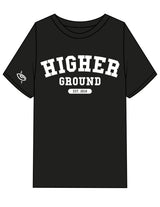 The Womens Heavyweight Tee - Black - Higher Ground - Center Chest Stacked & Right Sleeve - Printed - White