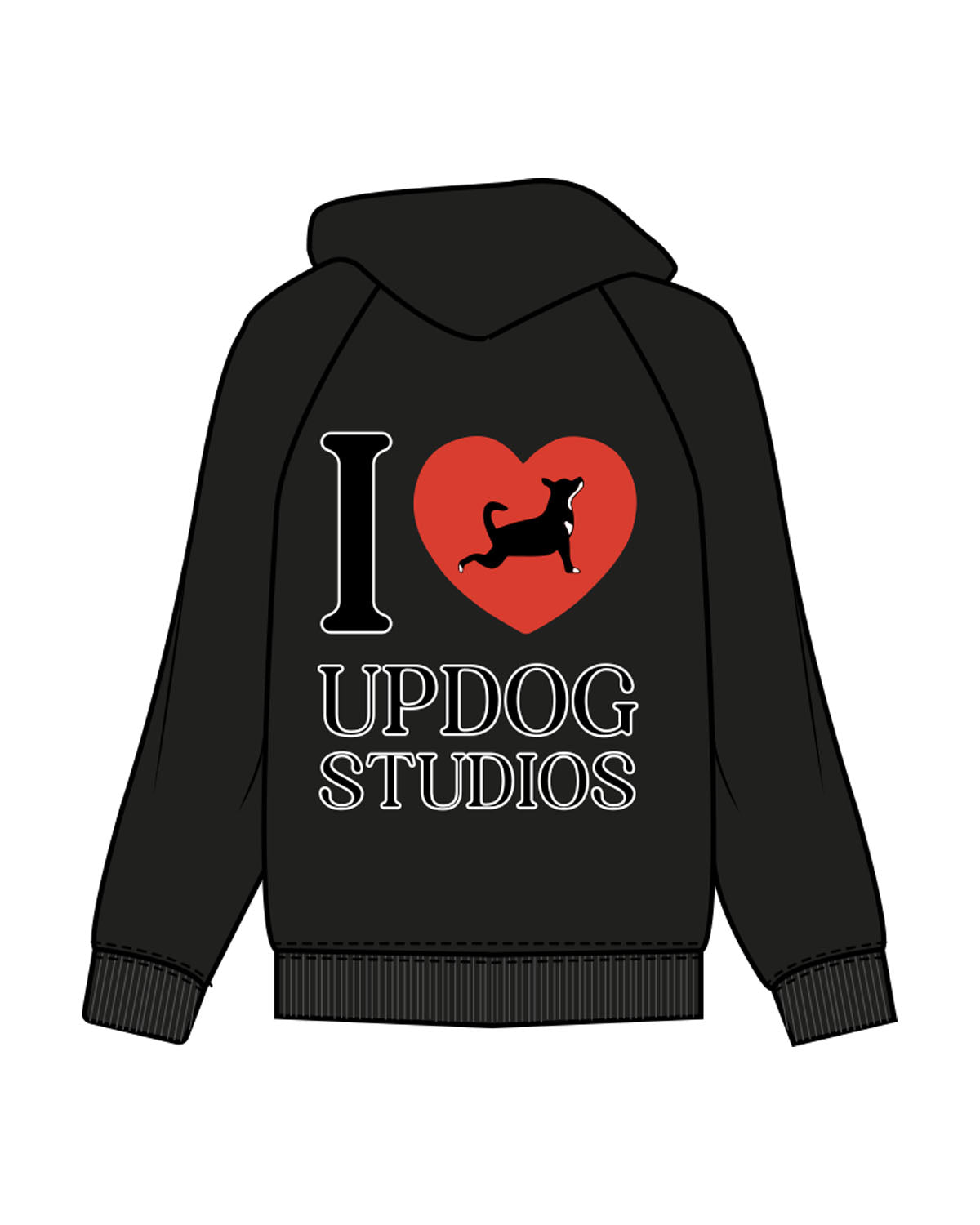 The Mens Hoodie - Black - Updog Yoga - Left Chest - Back Center "IloveUpdog" - Printed - Full  Color