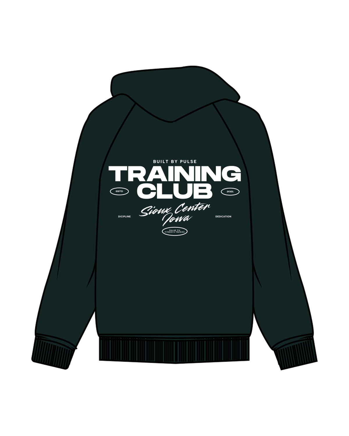 The Mens Classic Hoodie - Pine Green - Pulse 712 - Center Chest - Back Center Stacked - Sioux Center - Printed - White