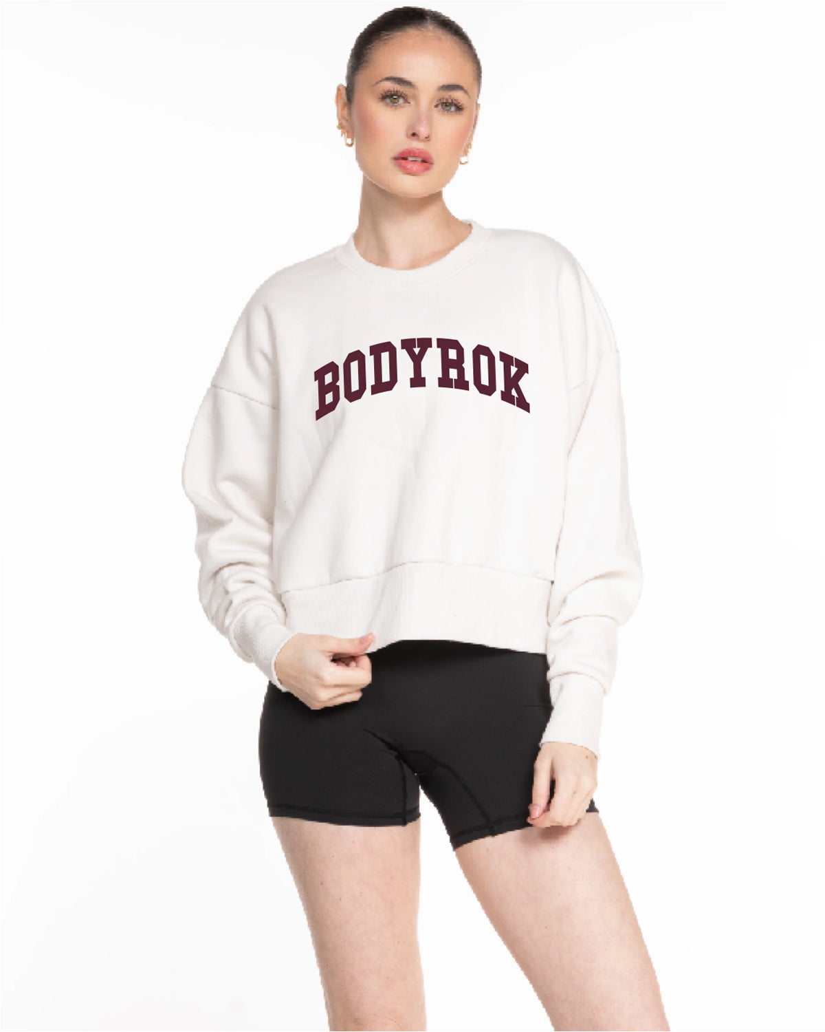 The Womens Heavyweight Crop - Off White - BODYROK Employee - Center Chest - Bordeaux - (Windsor Wine - Pantone 19-1528 TCX)