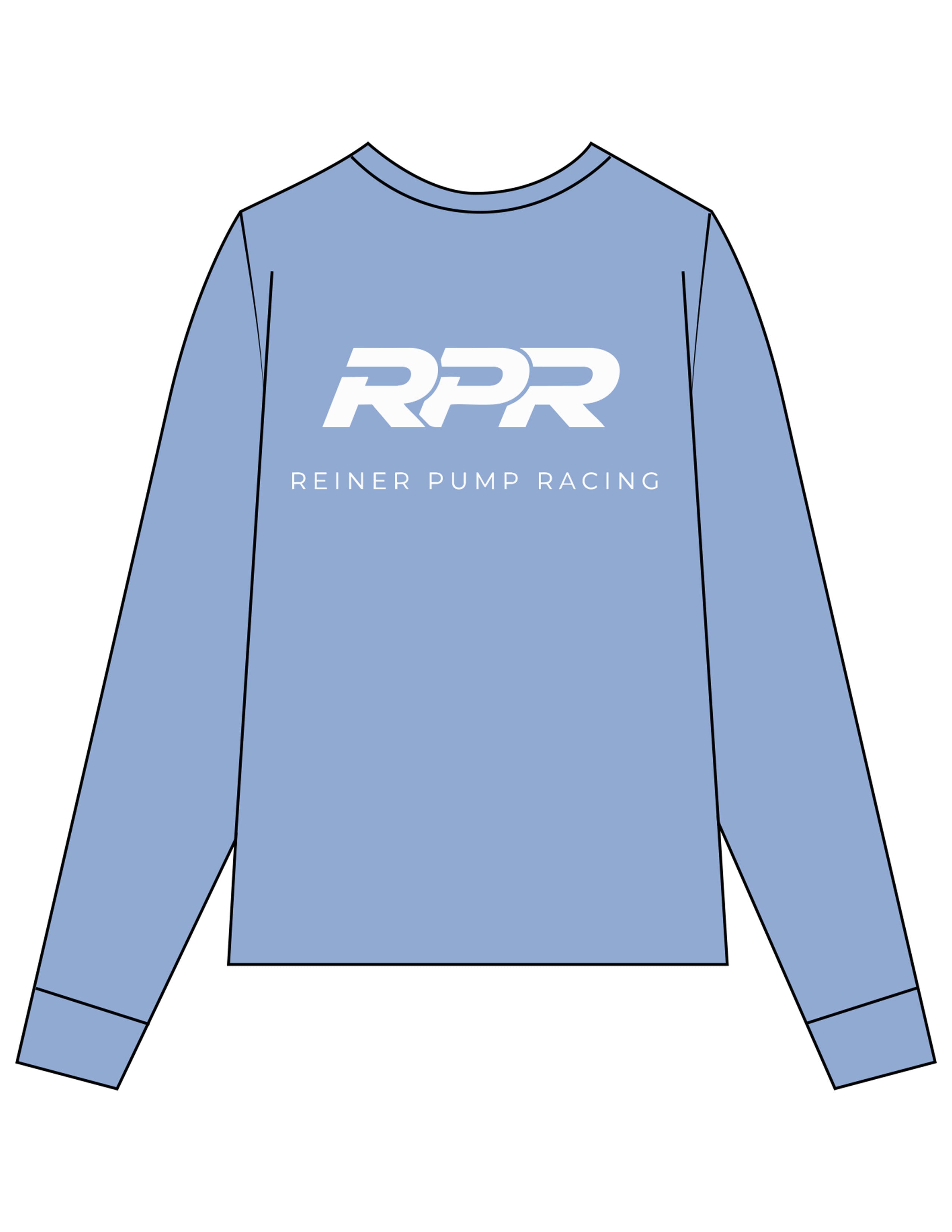 The Unisex Midweight Long Sleeve - Washed Denim - Reiner Pump Systems - Left Chest & Back Stacked - Printed - White