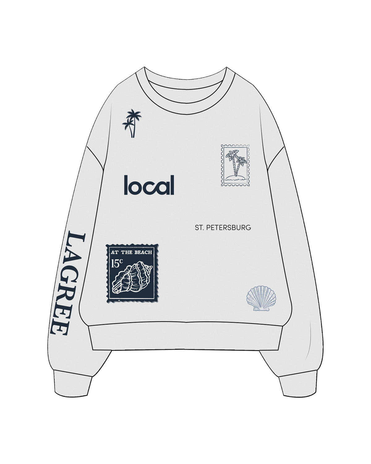 The Mens Crewneck - White Heather - Local Lagree - Full Front - Printed - Navy