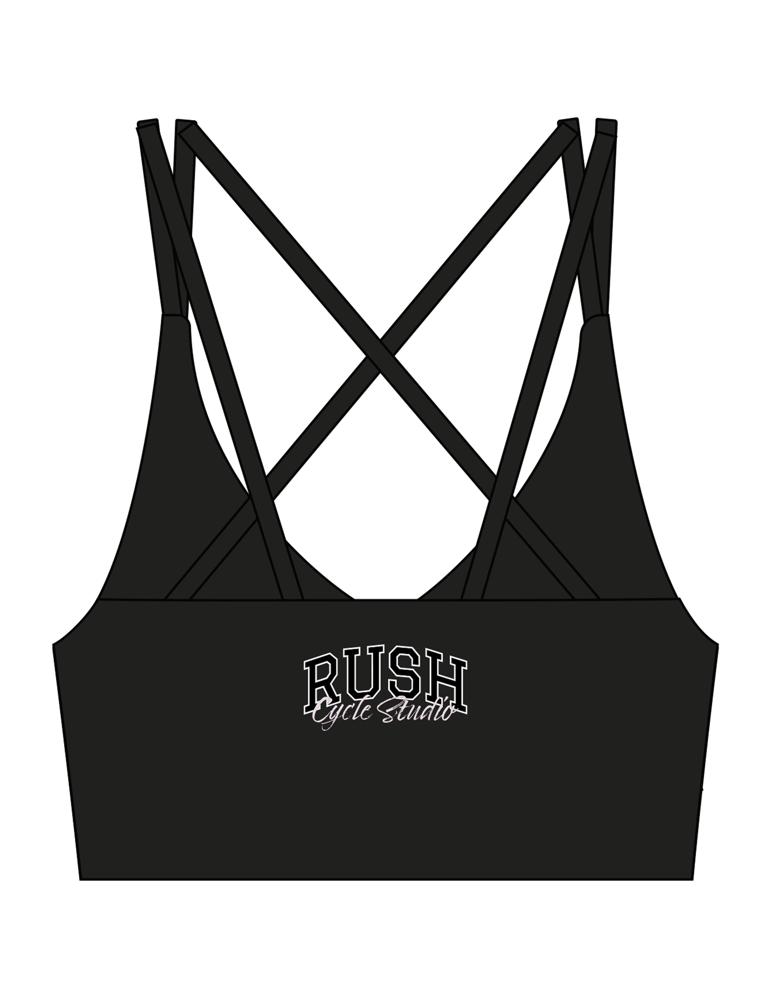 The Strappy Bra - Black - Rush Cycle Studio - Center Back - Printed - Full Color