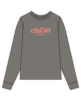 The Womens Heavyweight Long Sleeve - Washed Gray - Chi50 - Chest Stacked - Printed - Coral
