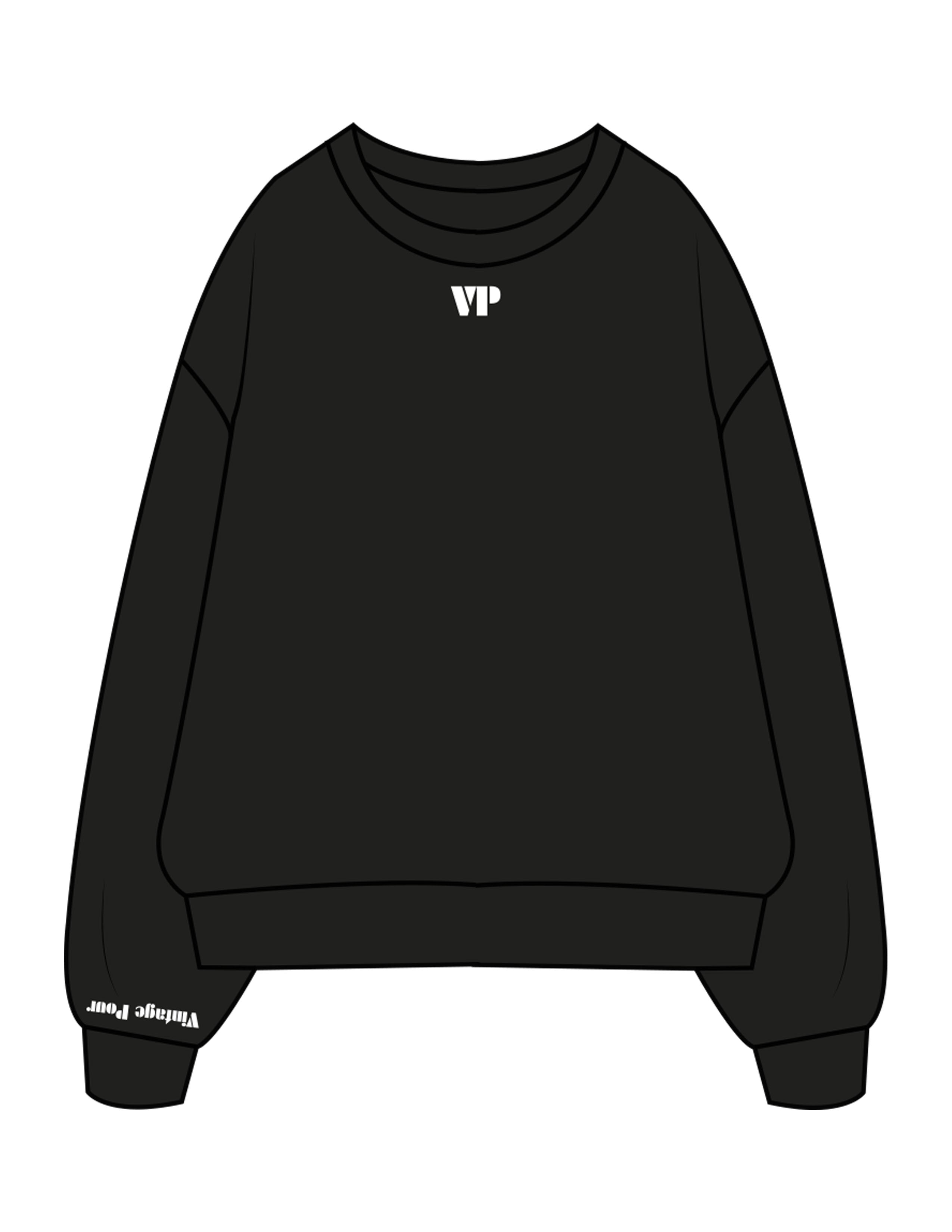The Mens Crewneck - Black - Vintage Pour - Upper Chest Initials & Right Wrist - Embroidered - White