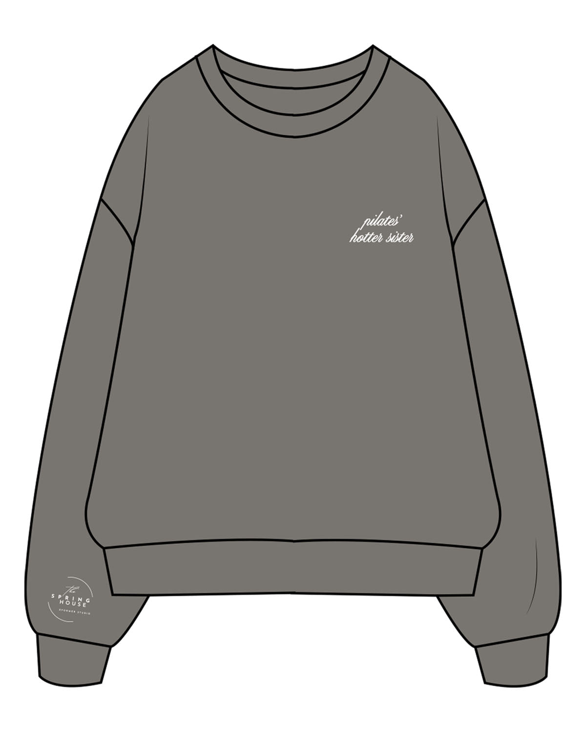 The Mens Crewneck - Washed Gray - Spring House - Left Chest Stacked & Right Wrist v1 - Printed - White