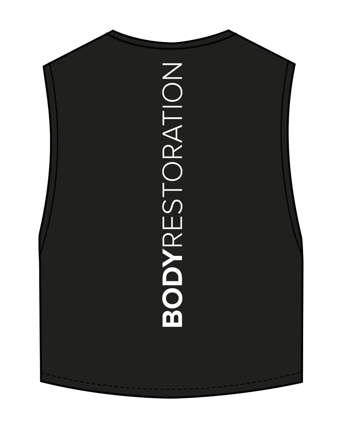 The Crop Muscle Tank - Black - Body Restoration - Left Chest Stacked & Back Center Spine - Printed - Full Color