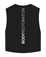 The Crop Muscle Tank - Black - Body Restoration - Left Chest Stacked & Back Center Spine - Printed - Full Color