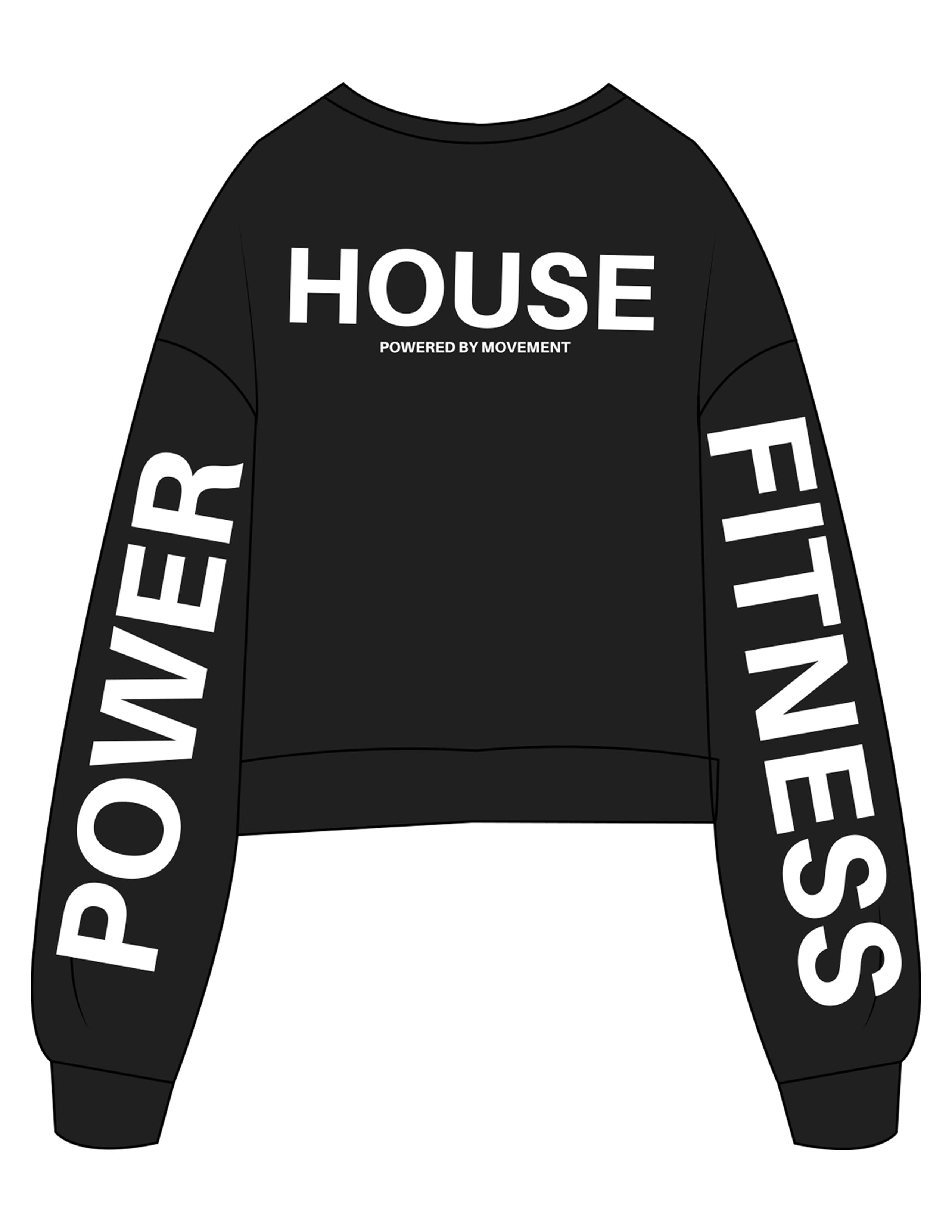 The Oversized Crop - Black - Powerhouse Fitness - Upper Back - Back Left & Right Sleeves - Printed - White