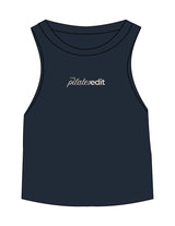 The Micro Rib Racer Crop - Navy - The Pilates Edit - Center Chest - Printed - Tan