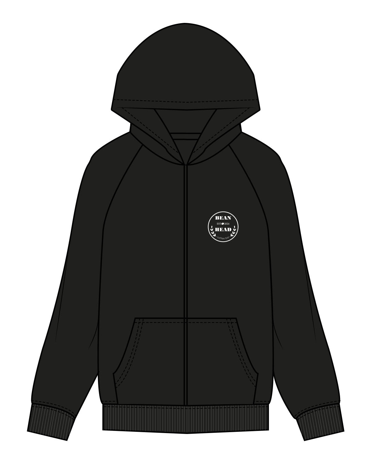 The Mens Zip Hoodie - Black - Bean Head - Left Chest Round - Embroidered - White