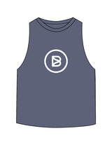 The Crop Muscle Racerback - Heather Navy - Bond Fitness - Center Chest Round - Printed - White