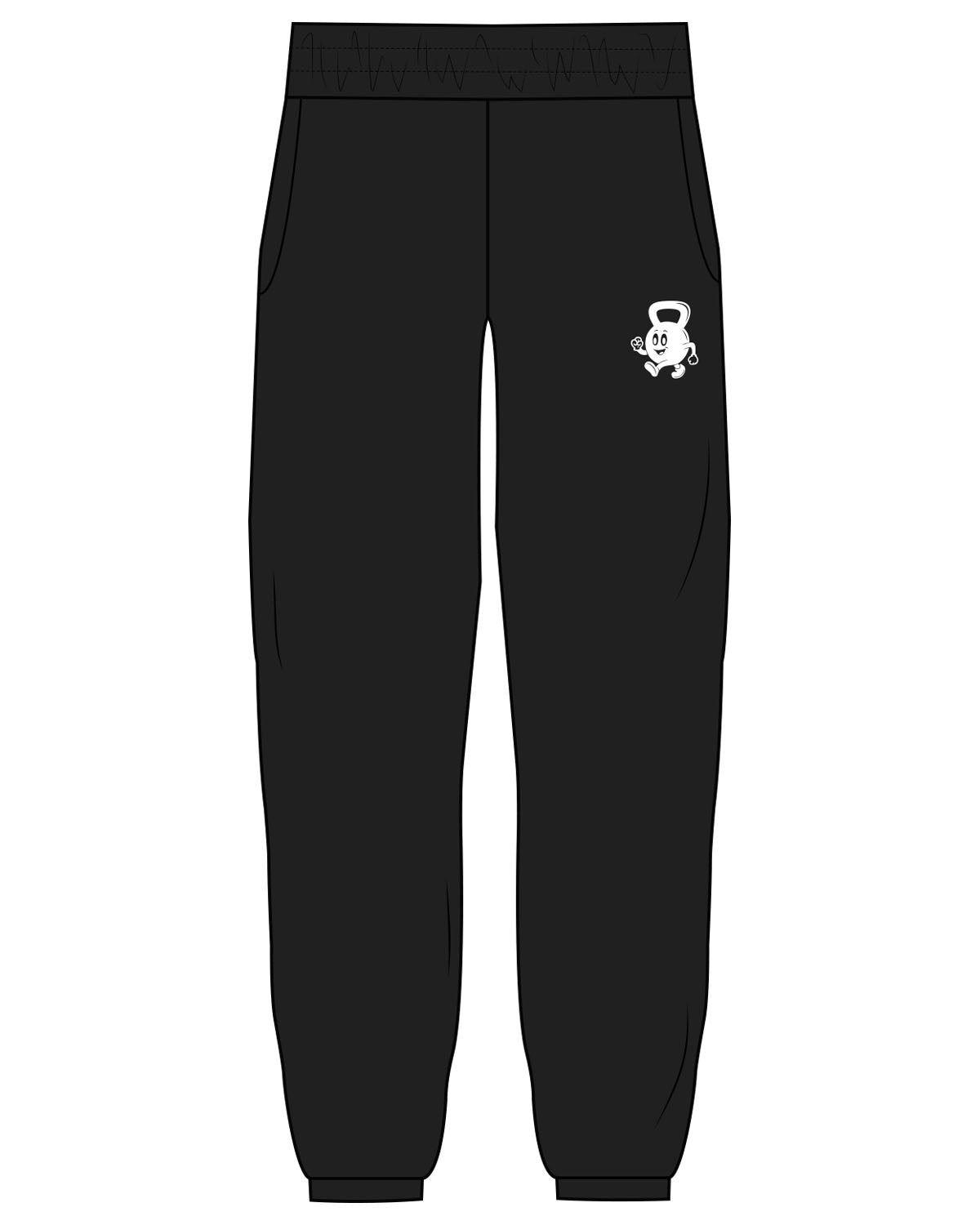 The Womens Sweatpants - Black - Delta Fitness - Left Leg Kettlebell - Printed - White