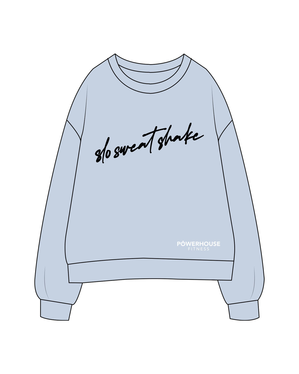 The Womens Crewneck - Powder - Powerhouse Fitness - Center Chest - Puff - Printed - Black -Bottom Left Stacked - Printed - White