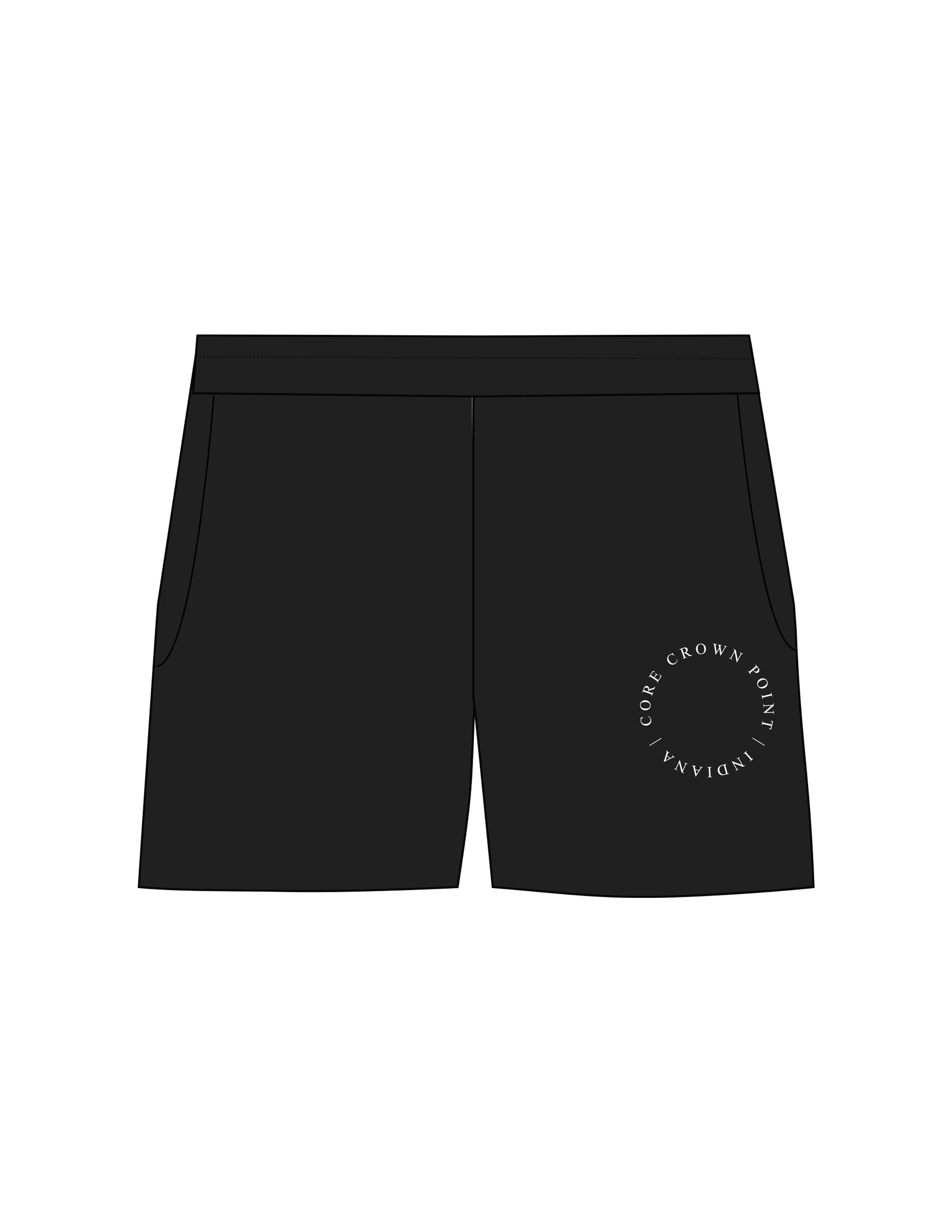 The Womens Sweat Shorts - Black - Core Crown Point - Left Leg Round - Printed - White