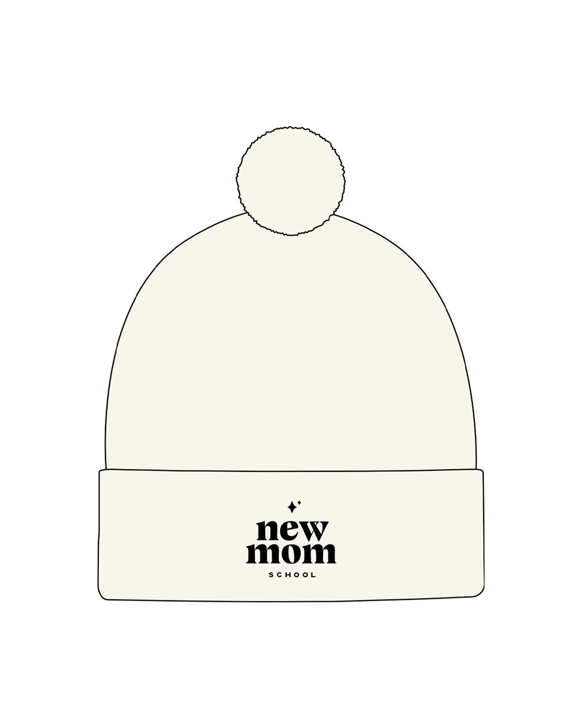 The Pom Pom Beanie - Off White - New Mom School - Center Brim Stacked Logo - Embroidered - Black