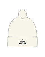 The Pom Pom Beanie - Off White - New Mom School - Center Brim Stacked Logo - Embroidered - Black