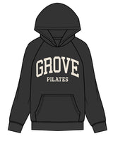 The Mens Hoodie - Washed Black - Grove Pilates - Center Chest Stacked - Cream #f0e7d9
