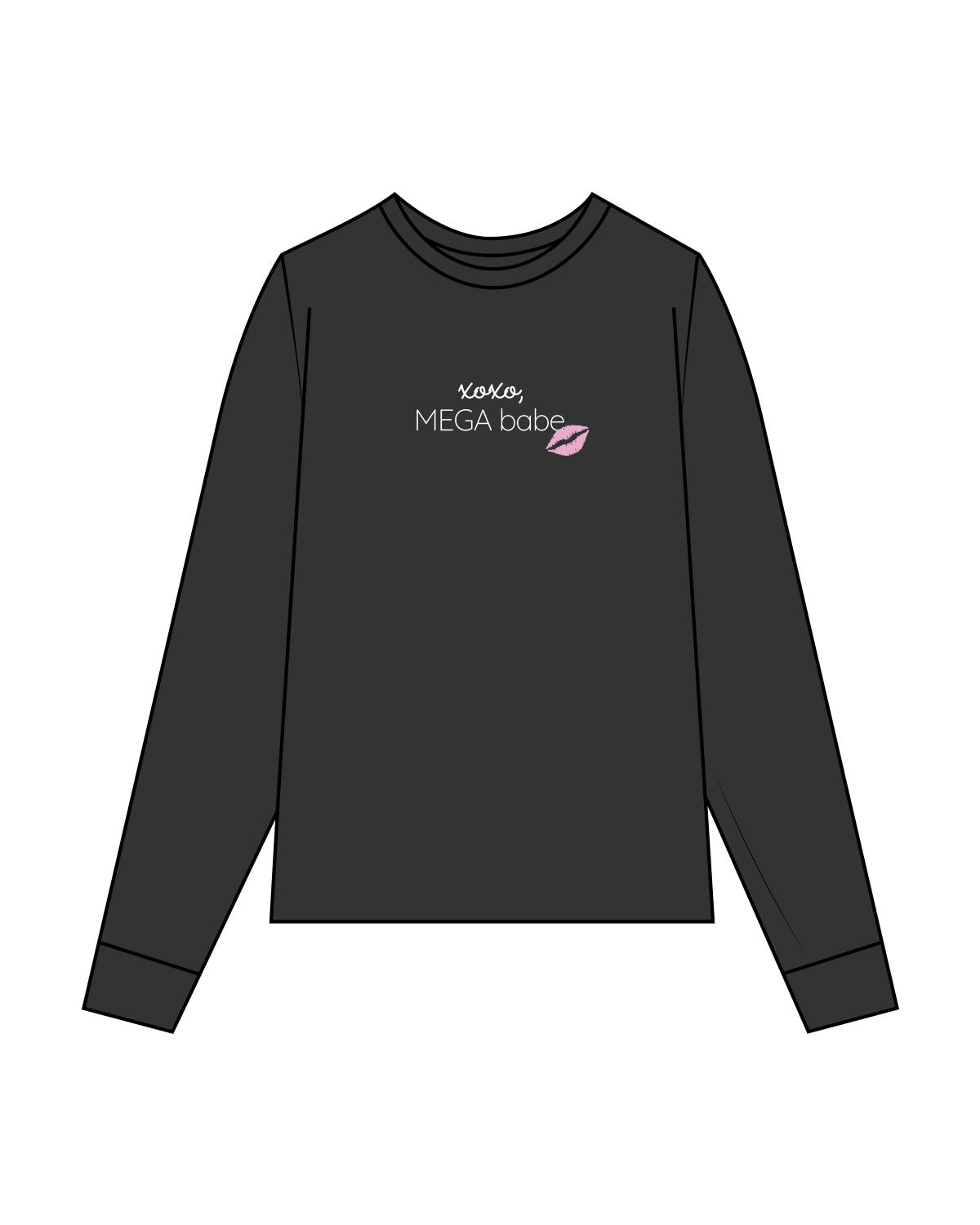 The Womens Heavyweight Long Sleeve - Washed Black - Megafit House - Center Chest Stacked - Printed - White