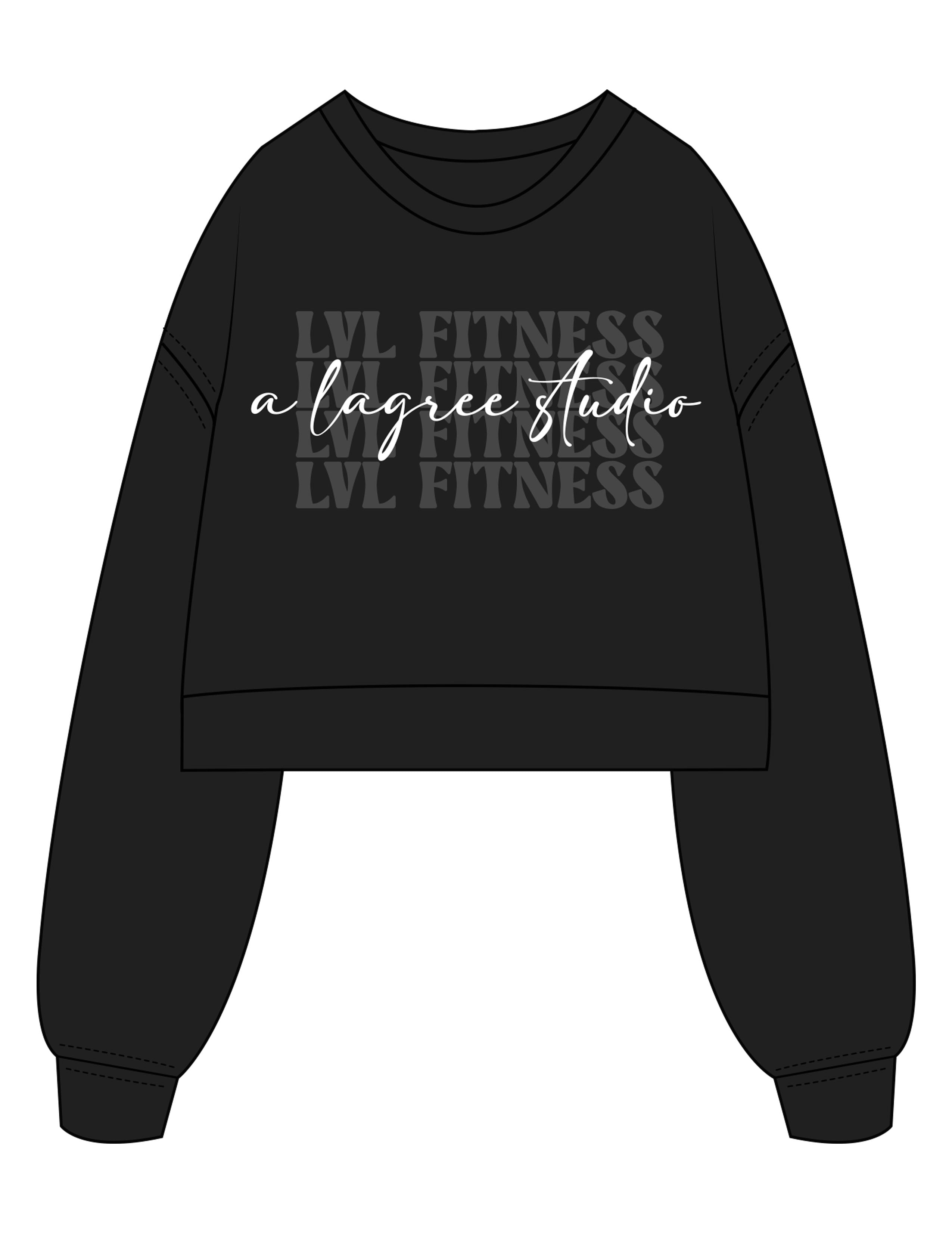 The Crop Terry Crewneck - Black - LVL - Center Chest Stacked & Back Neckline - Printed - Full Color