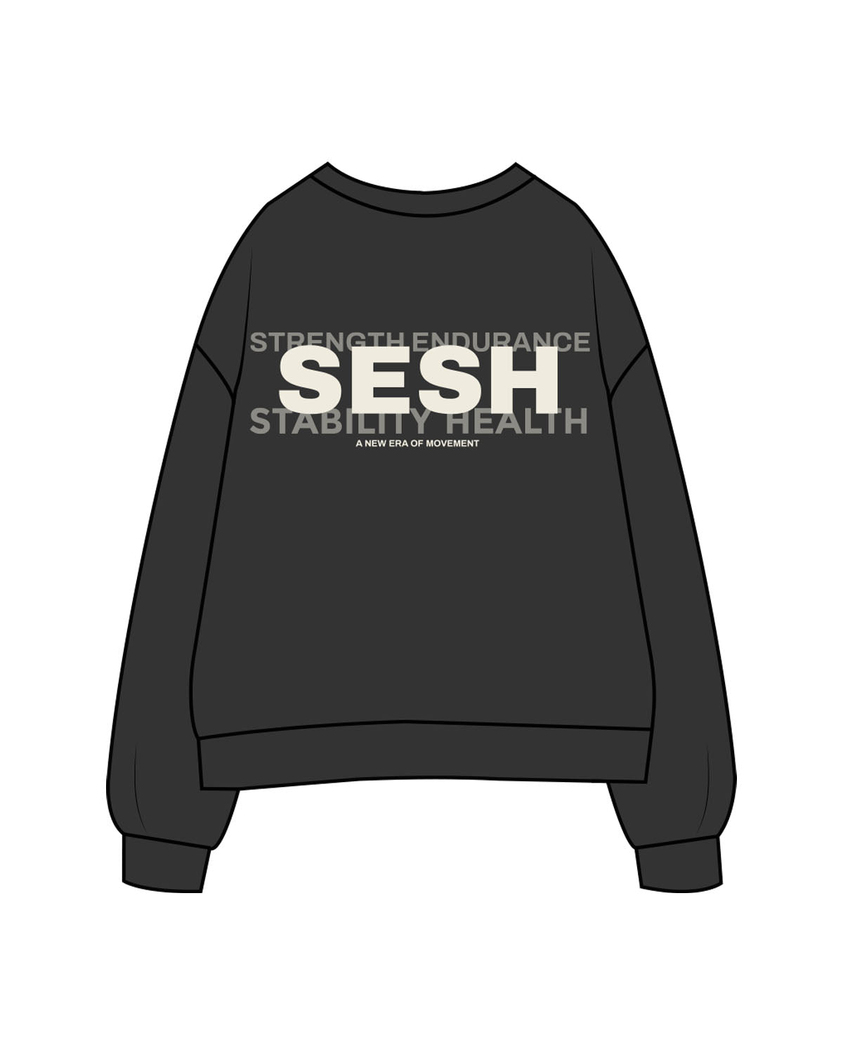 The Mens Crewneck - Washed Black - Sesh Studio - Left Chest, Right Sleeve & Center Back Stacked - Printed - Off White