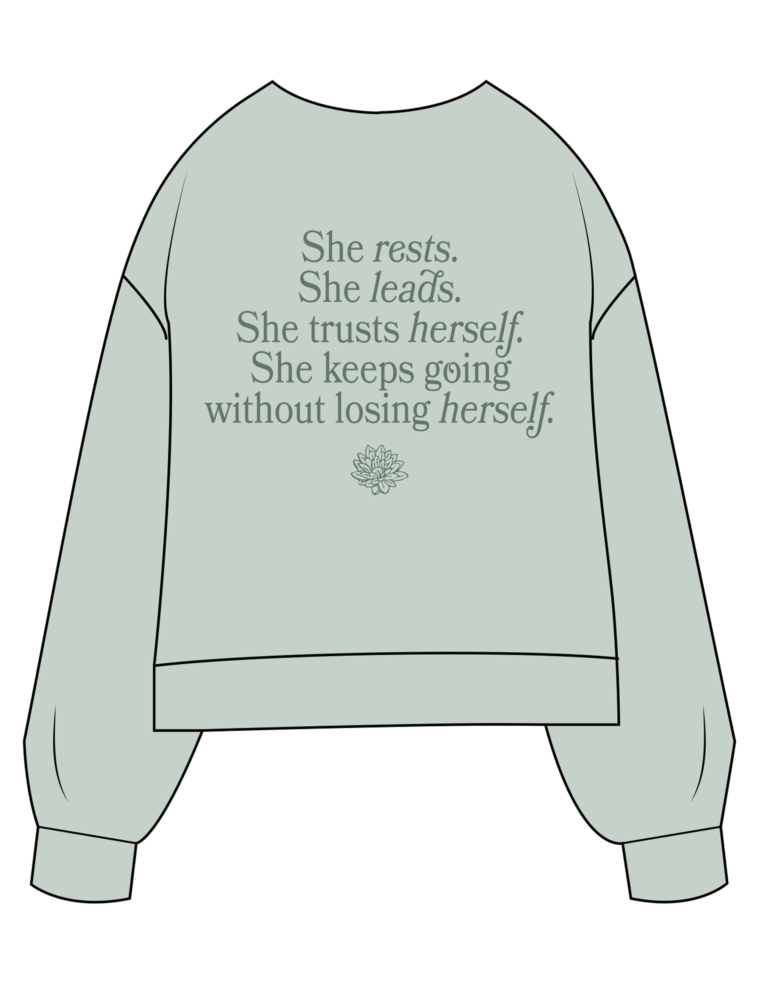 The Womens Sueded Crewneck - Denim Green - Balanced Self - Left Chest & Back Stacked - Printed - Tone on Tone