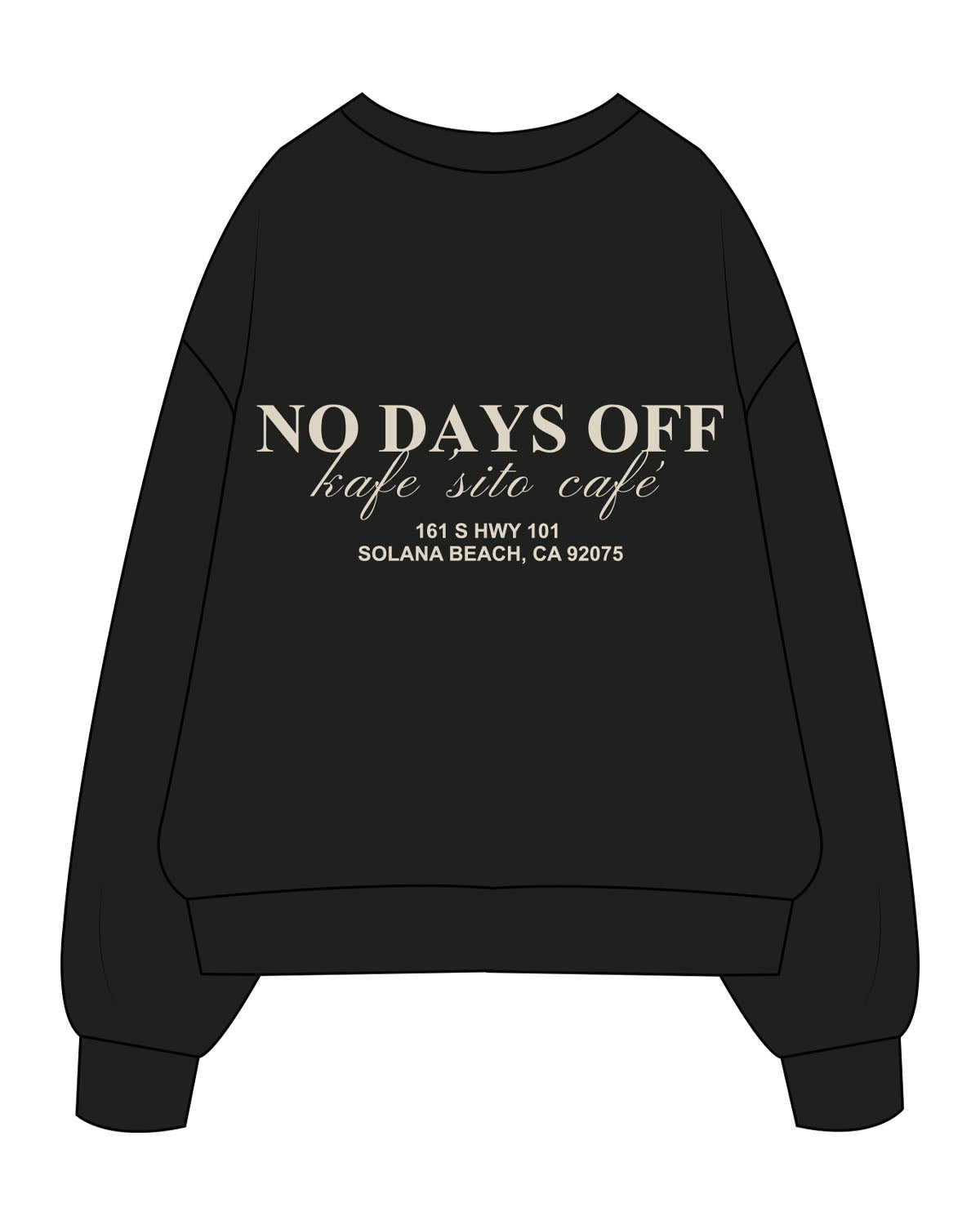 The Mens Heavyweight Crewneck - Black - Kafe'sito - Center Chest Side & Back - Printed - Off White